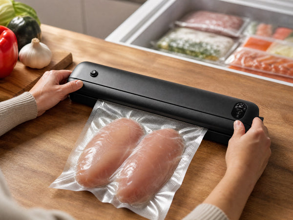 Hands closing the sealer lid over a bag of chicken breasts