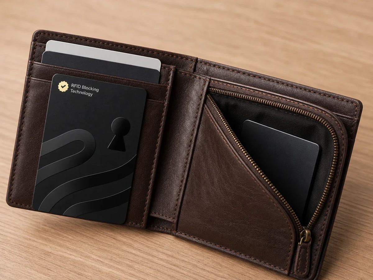 An open wallet showing Guardality beside contactless cards, with one payment card separated for use