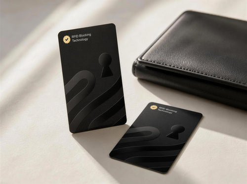 Guardality RFID and NFC blocking cards beside an everyday wallet