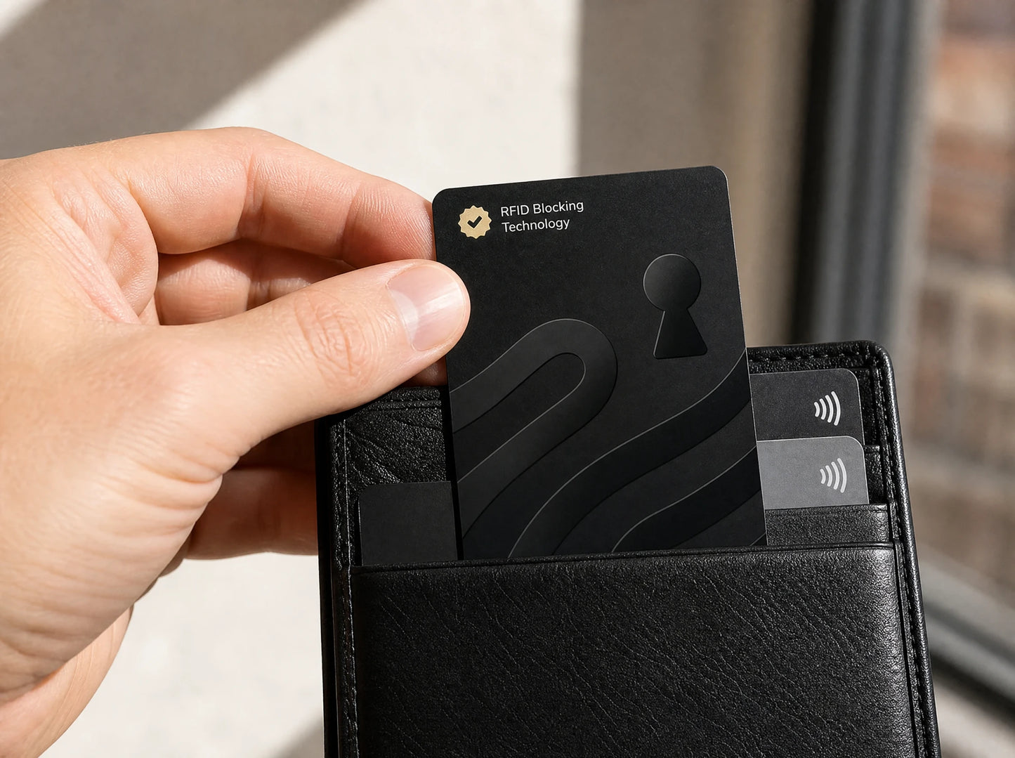 Guardality blocking card held in one hand
