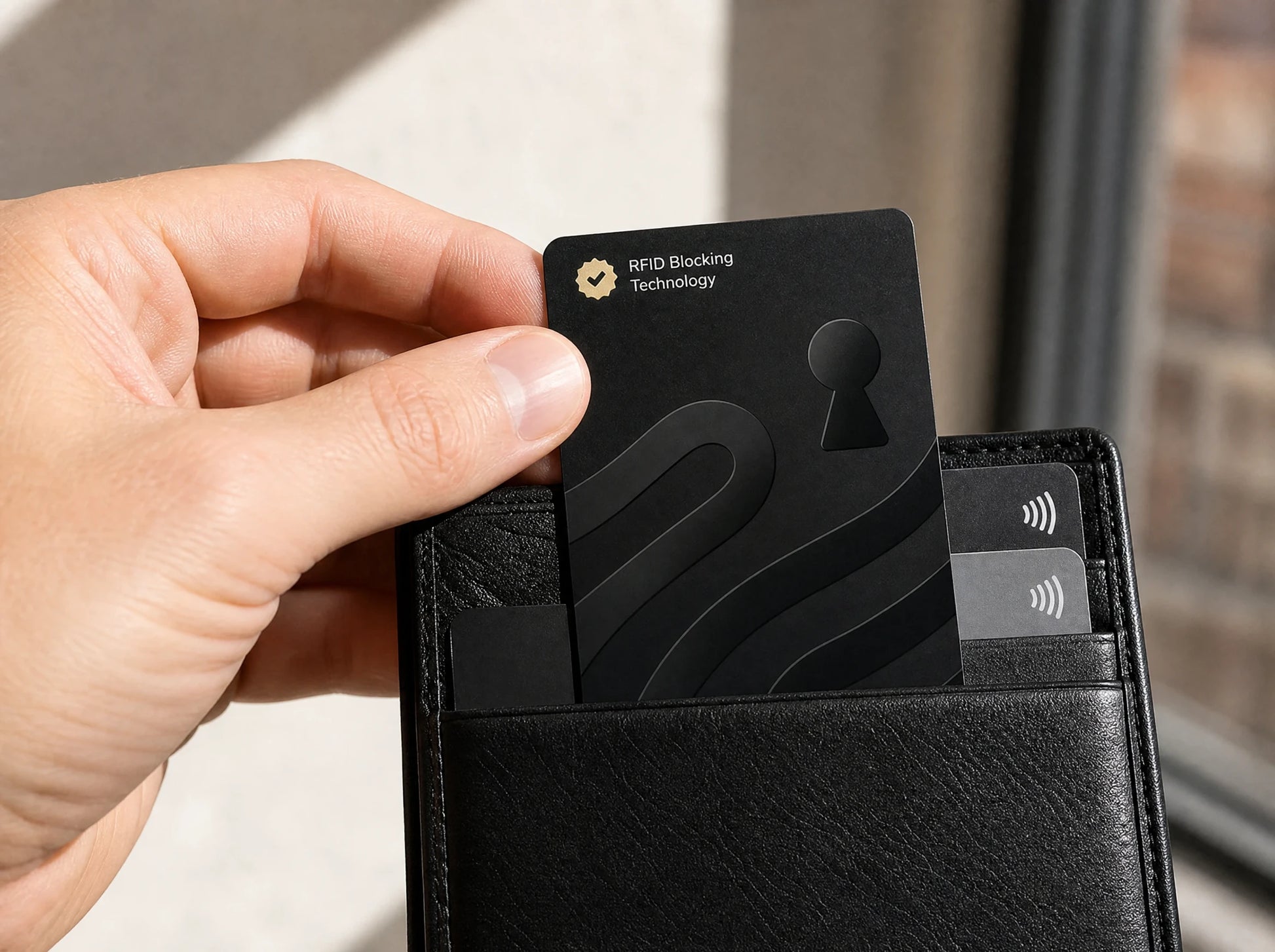 Guardality blocking card held in one hand