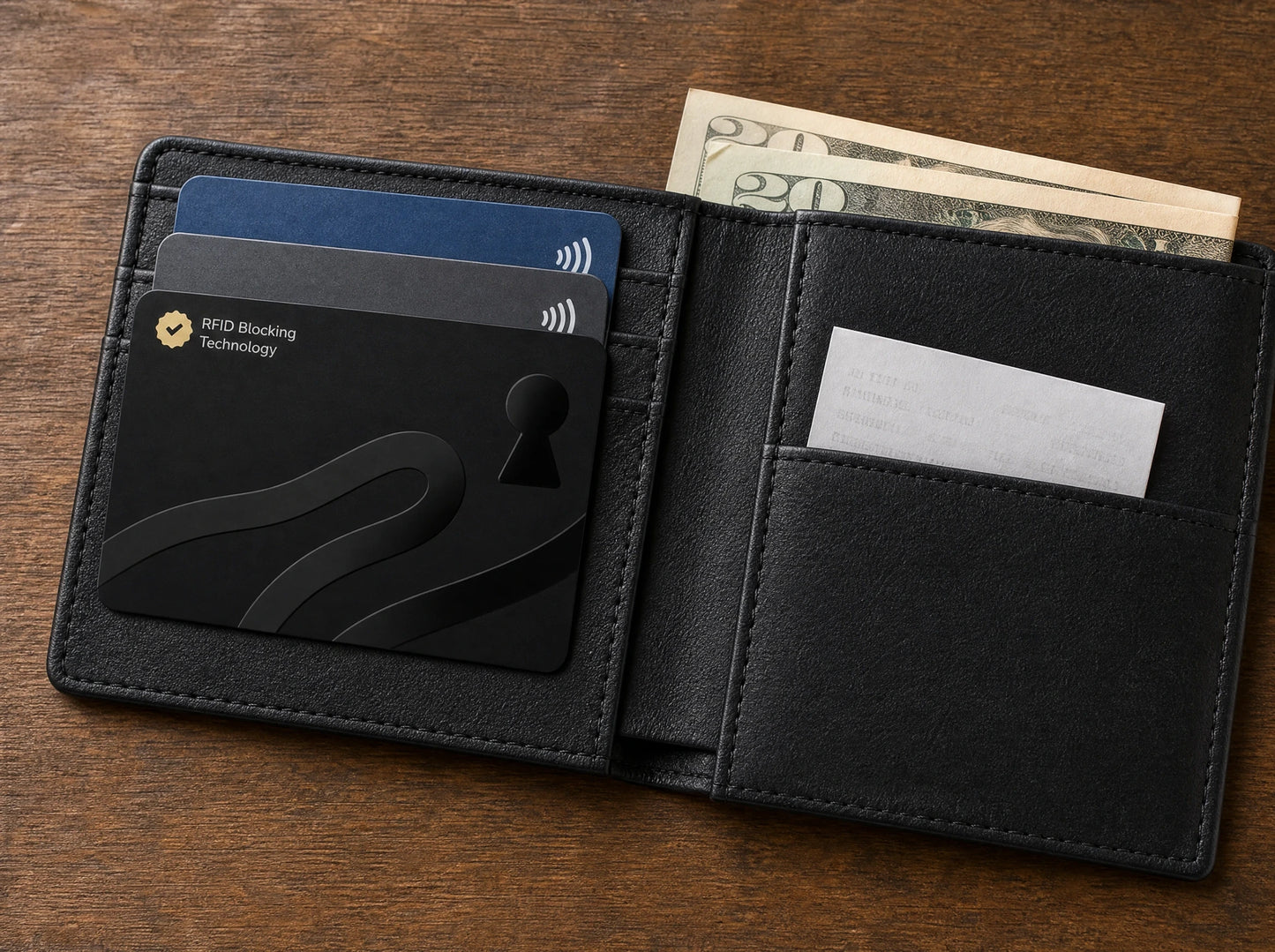 Guardality card placed inside a black wallet