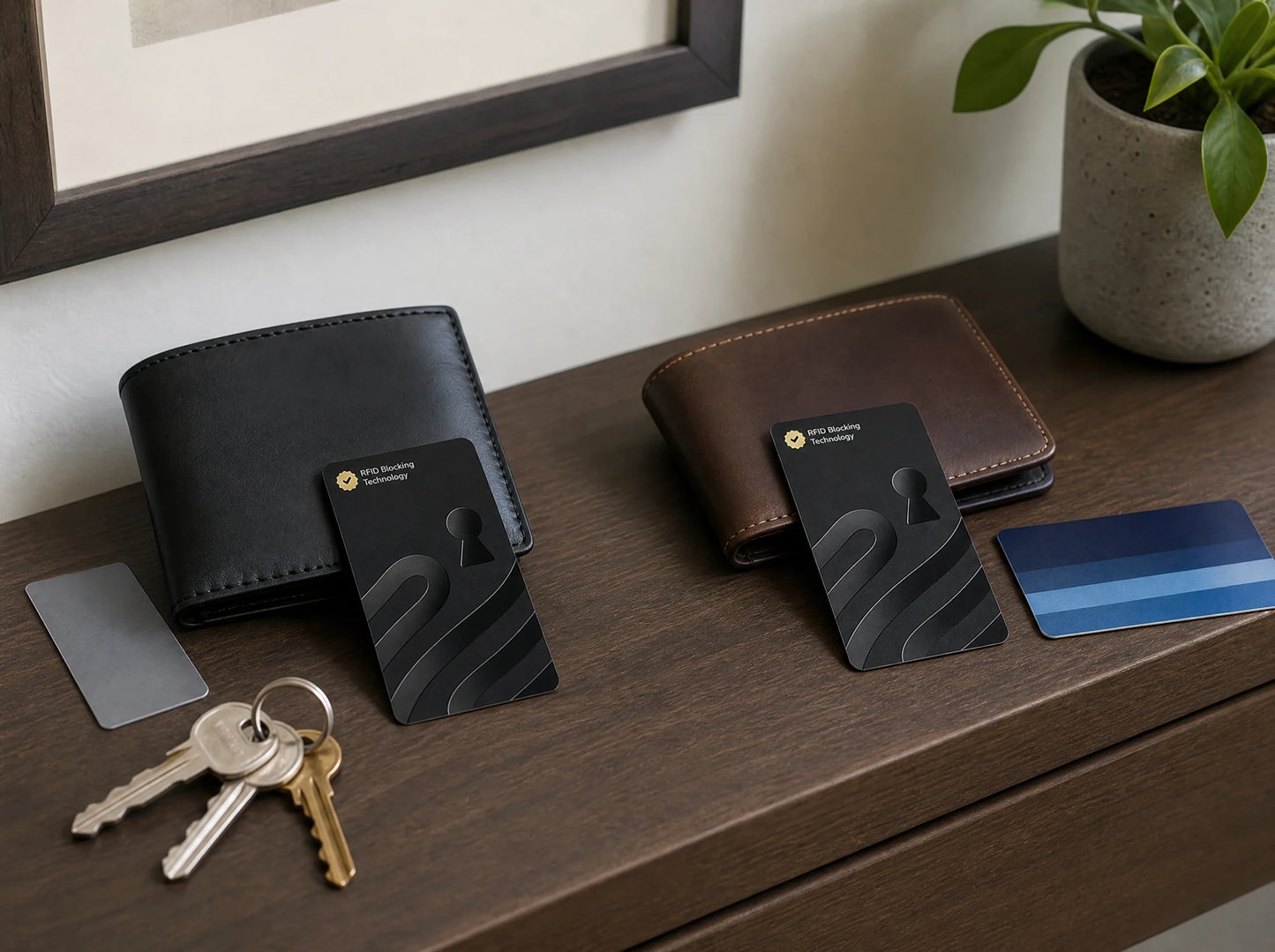 Guardality cards shown with two everyday wallets