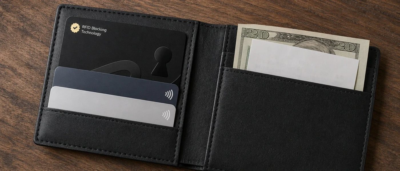 An open everyday wallet with one Guardality card beside two contactless bank cards