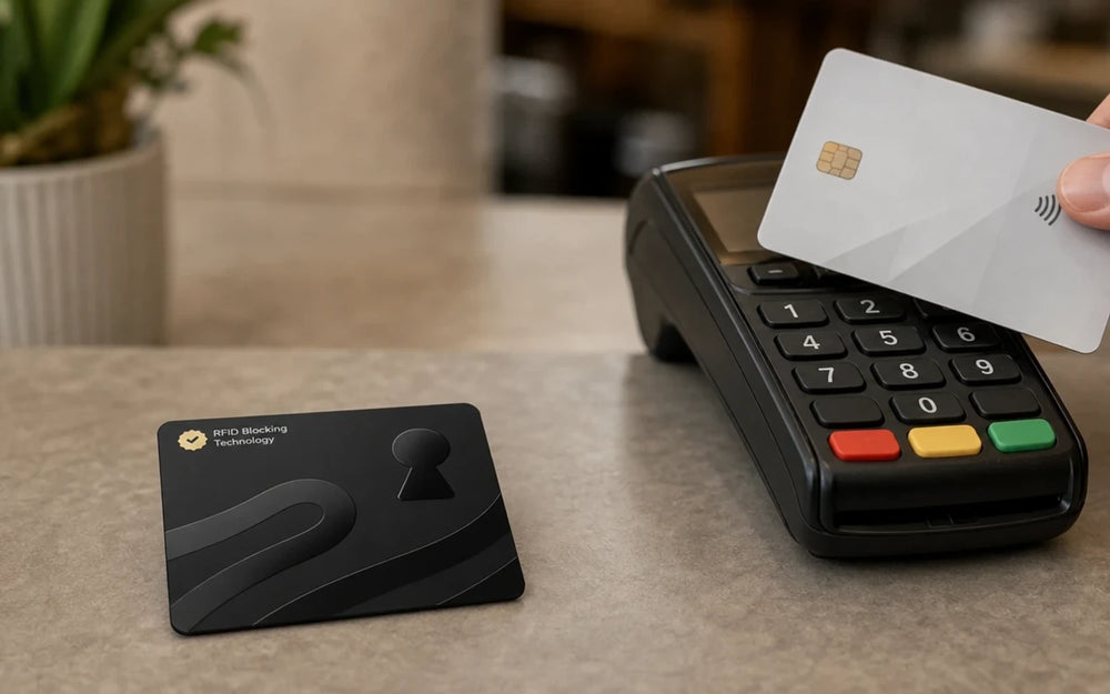 A payment card and Guardality shown near a contactless terminal in a simple test sequence