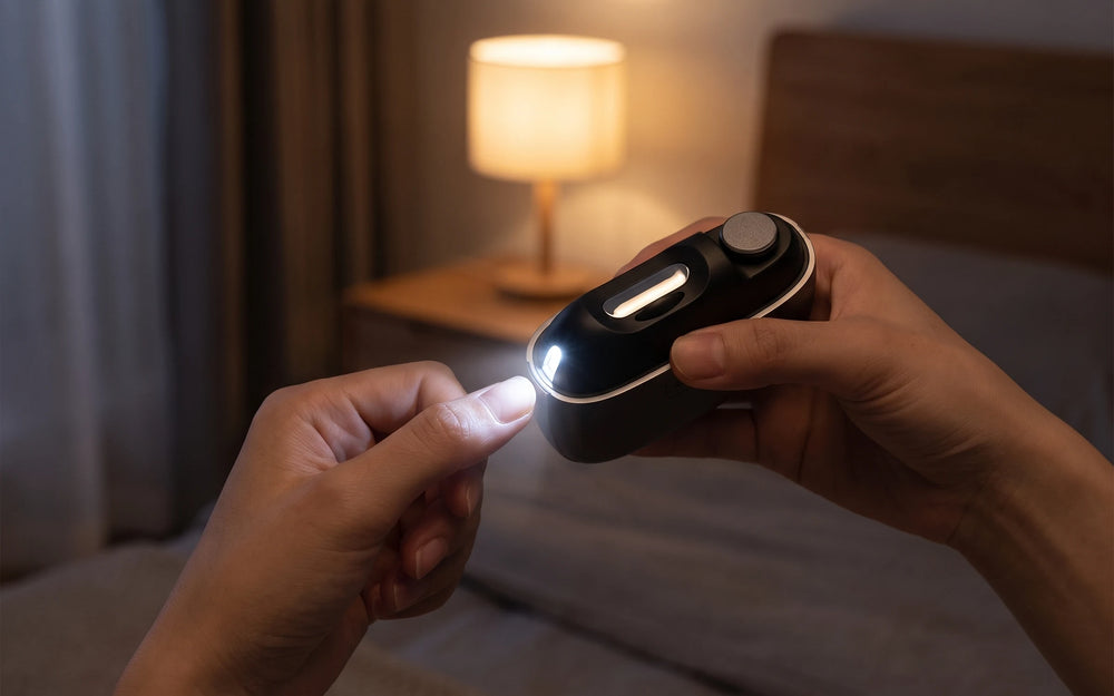 The clipper held over a fingernail in a dim room, the LED lighting the nail