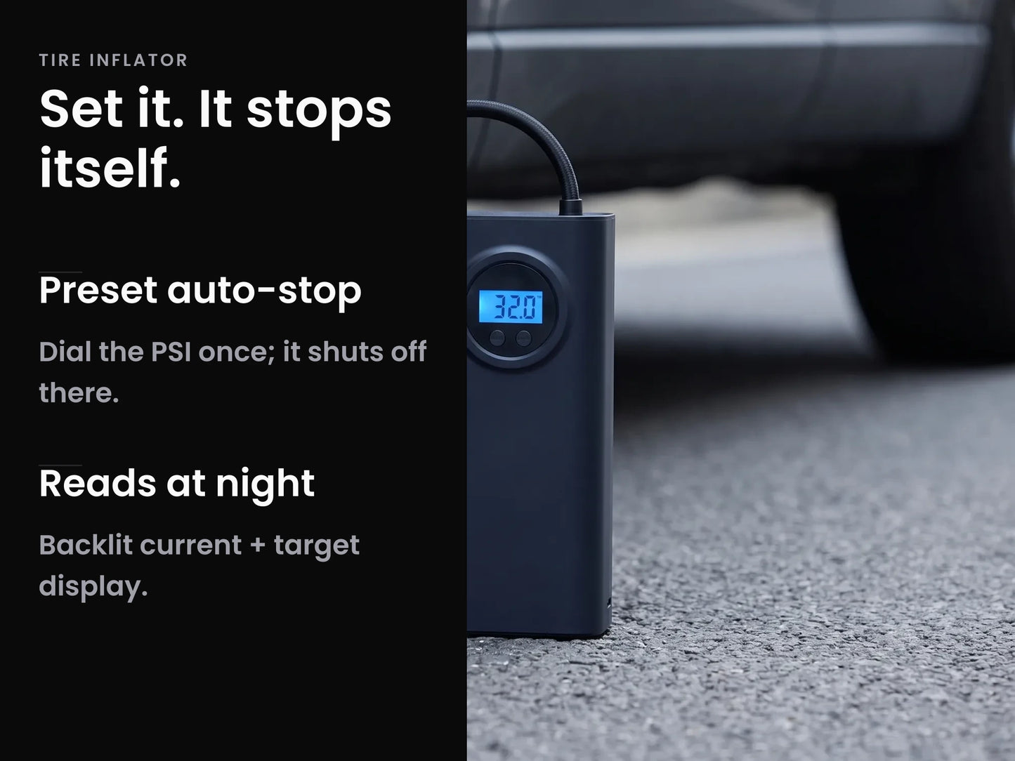 InflatoPro — Cordless tire inflator with preset auto-stop and dual-pressure display