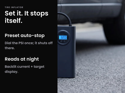 InflatoPro — Cordless tire inflator with preset auto-stop and dual-pressure display