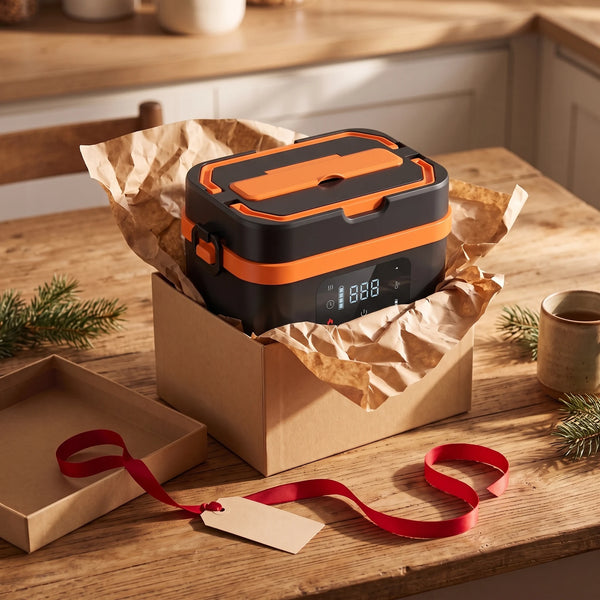 A plain kraft-paper gift box on a wooden kitchen table with its lid off and a red ribbon beside it, the closed black-and-orange lunch box lifted half out of crinkled brown paper, a mug and pine sprigs at the side