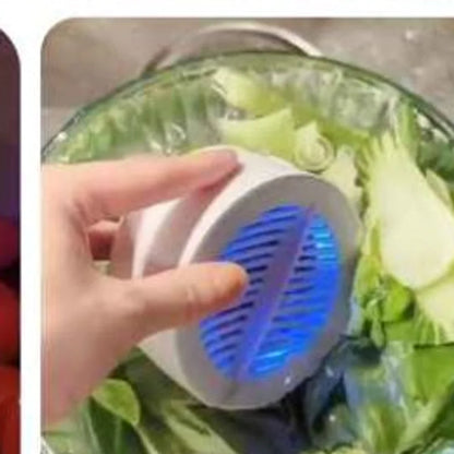 Lowering the puck into a bowl of salad leaves