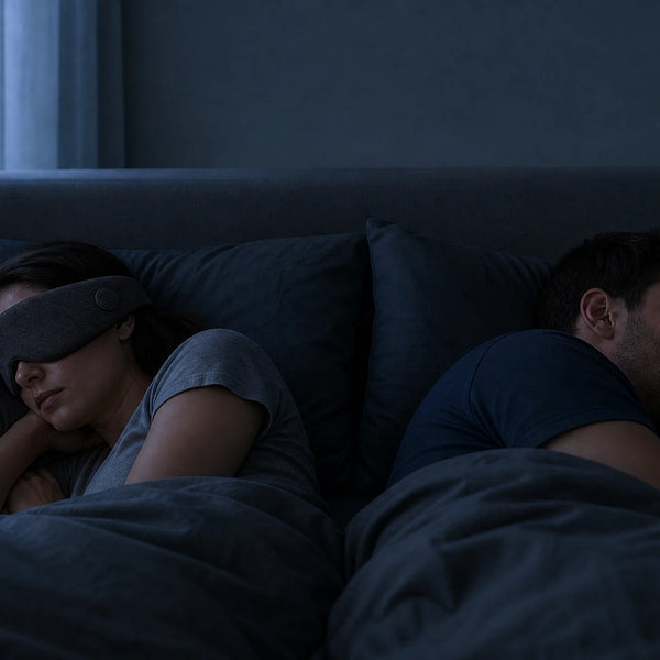 A couple asleep, one wearing the mask and the other undisturbed with nothing on their head