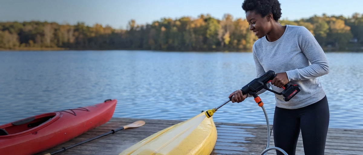 A small wooden lake dock on a clear morning, a smiling young Black woman with short natural hair in a light-grey top and dark leggings rinsing a yellow kayak with a black-and-red cordless pressure washer, a blue bucket with a grey hose beside the yellow kayak, a red kayak and a paddle at the left and calm water behind