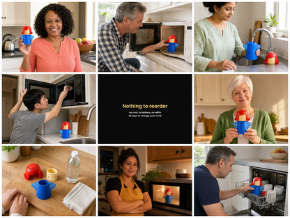 Eight AI-generated illustrations of people using the Steamy Mama in home kitchens, and the 30-day terms