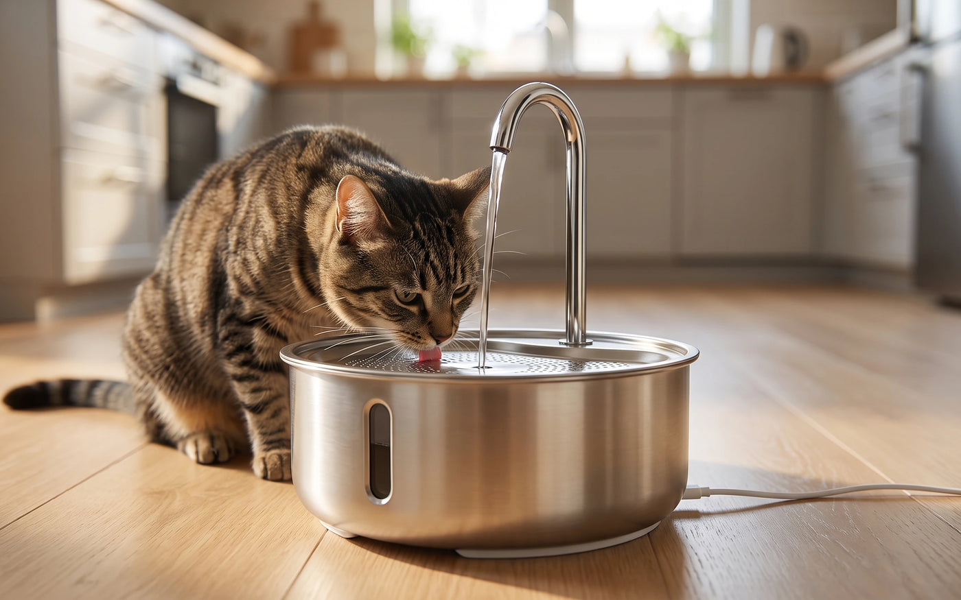 A cat drinks over steel.