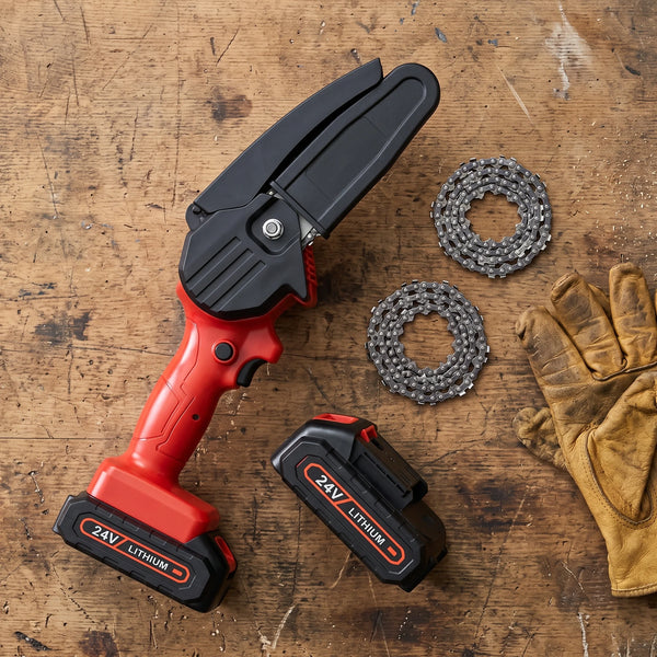 The saw, two black battery packs and two coiled chains laid out on a wooden workbench with work gloves